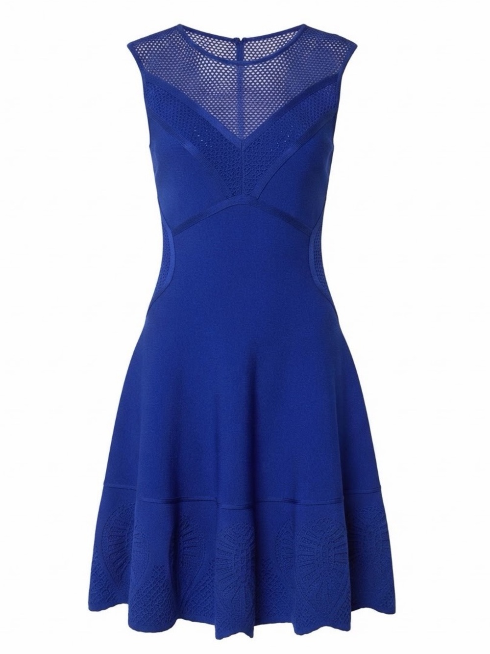 Roberto Cavalli Sleeveless Mesh Yoke Open Back Knit & Flare Dress in Blue